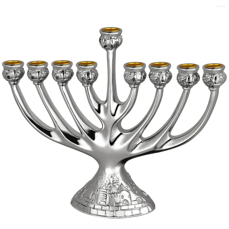 Kandelhouders Unomor Hanukkah Holder Classic 9 Branches Candlestand Desktop Decor for Home Holiday (Silver)