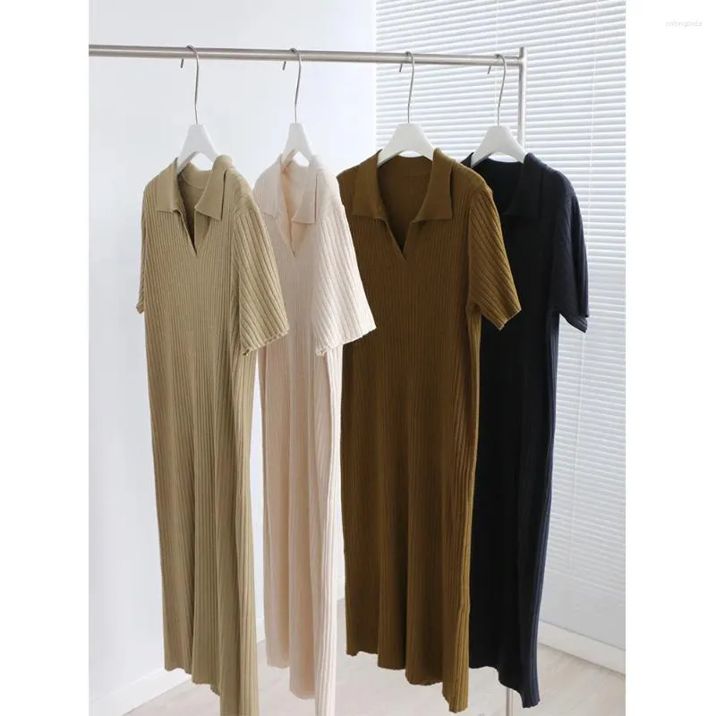 Party Dresses Women's High Elastic Core-spun Yarn Spring/summer Lapel Pit Stripe Medium Length Loose Casual Straight Tube Knitted Dress