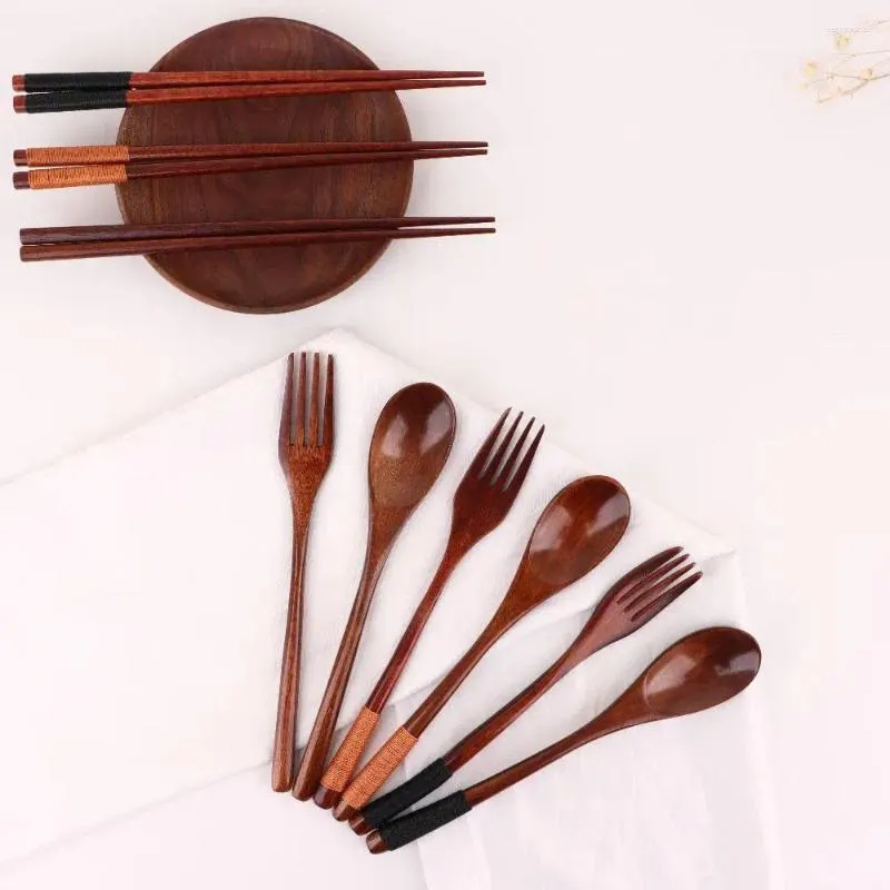 Geschirrssätze langes Griff japanisches natürliches Abendessen Kit handgefertigtes Holzgeschirr Utensilien Castlery Fork -Essstäbchen Löffel Set