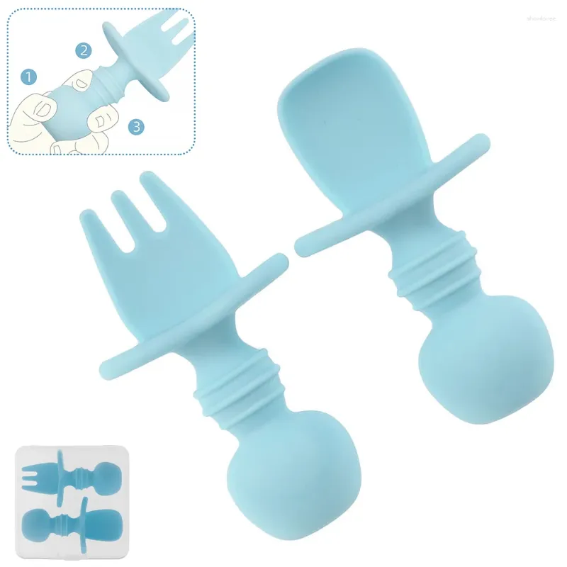 Ensembles de vaisselle 4 / 2pcs Baby Spoons Forks Formation Supplémentaire Table Vérification Silicone Couvriers pour les 6 ans