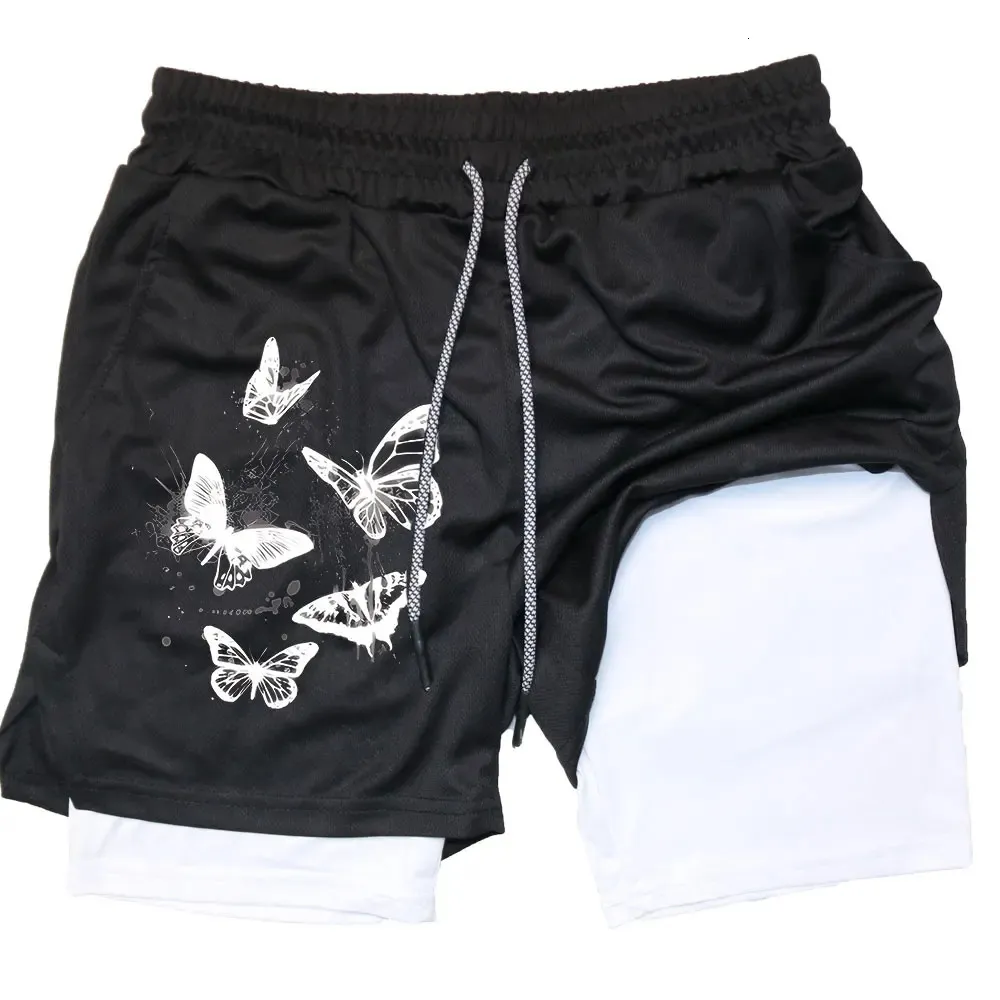 Y2K Butterfly Fitness -Shorts 2 in 1 Männern Sport Shorts Sportswear Fitness Performance Short Hosen Training Jogging Bottom 240409