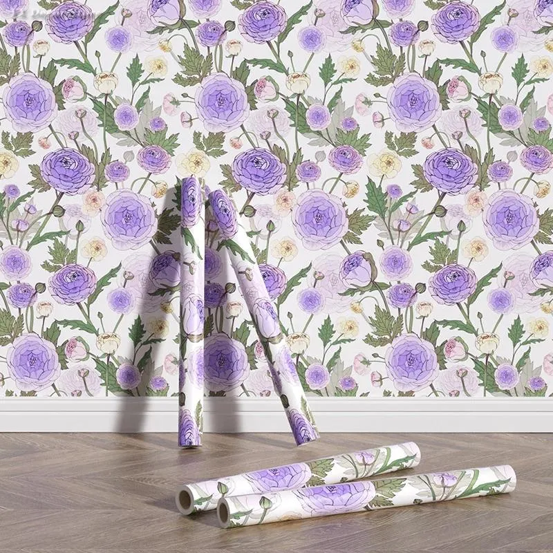 Fonds d'écran Chic Purple Ranunculus Fond d'écran Accessoires de maison 2024 Design Floral Aquarement imprimé fleur Murale 17,7 "118"