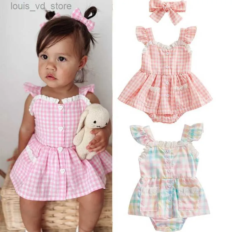 Overalls FOCUSNORM 0-18M Summer Baby Girls Cute Romper Dress 2pcs Ruffles Fly Sleeve Colorful Plaid Printed Mesh Lace Button Jumpsuits T240415