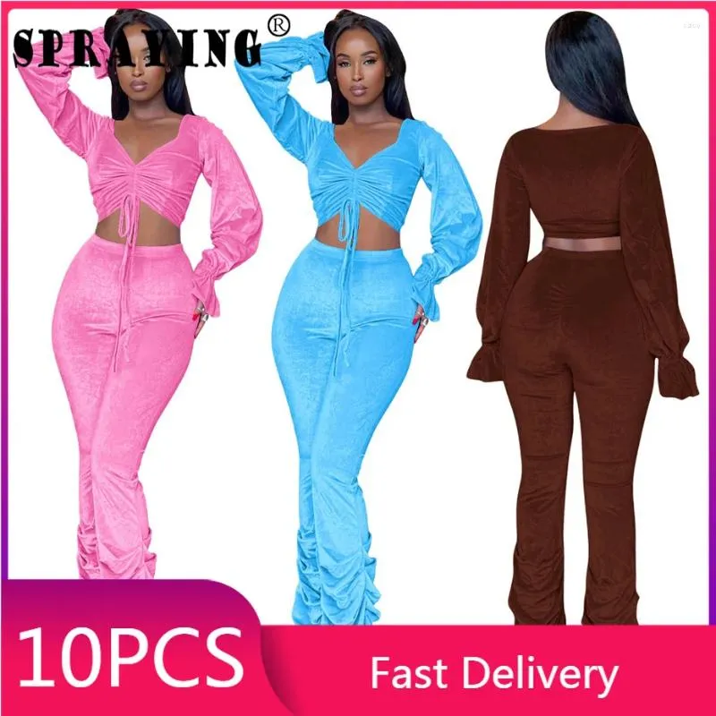 Kadınlar İki Parçalı Pantolon 10 Takipler Kadınlar Güz 2024 Flare Sleepve Draw String Crop En Pleated Pant Toptan Ürünler Lot Set Kıyafetleri S11894