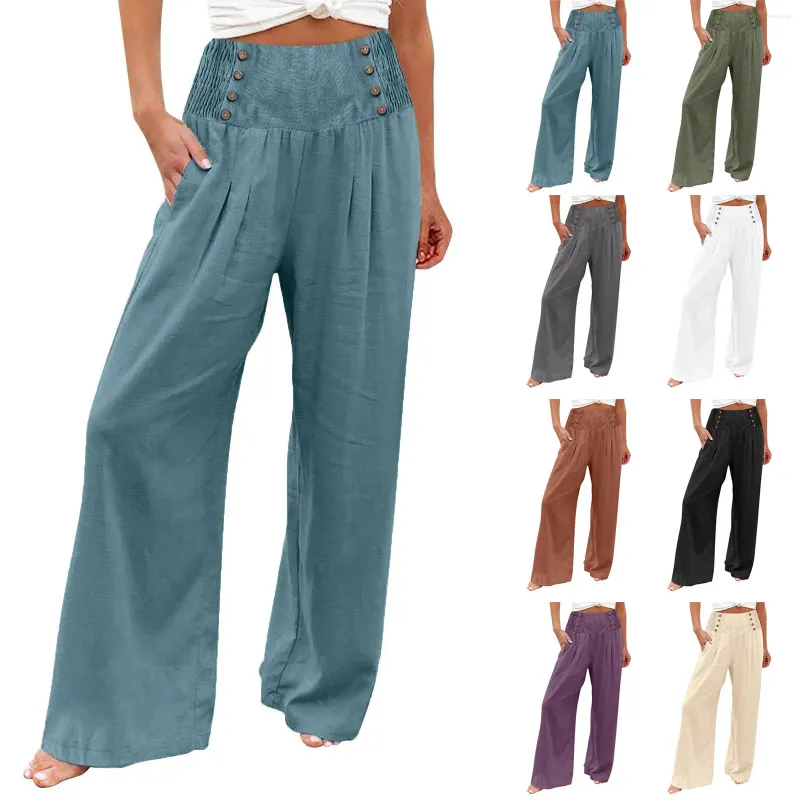 Women's Pants Women Wide Leg Summer Casual High Waisted Palazzo Baggy Beach Trousers Button Down Elastic Floor Length Flare