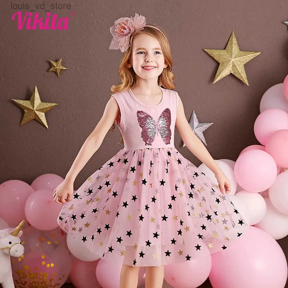 Mädchenkleider Vikita Mädchen Sommer ärmellose Kleidung Kinder Schmetterling Passenpailletten appaillierter Kleid Kinder rosa süße elegante Prinzessin Party Freizeitkleider T240415