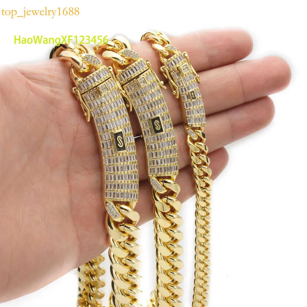 Hot Sale Monaco 14k Gold Plated Mans Iced Out Bracelet Miami Cuban Link Chain Stainless Steel Necklace