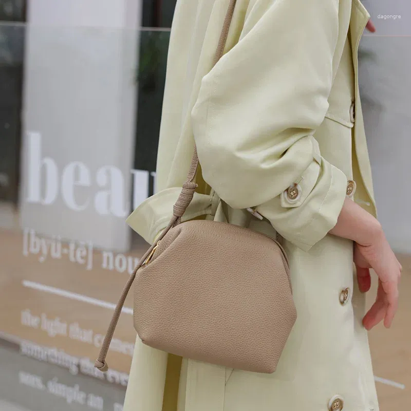 Drawstring Genuine Leather Shell Bag Fashion Korea Style Female Small Shoulder Crossbody Bags Soft Daily Casual Commute Handbags Gray