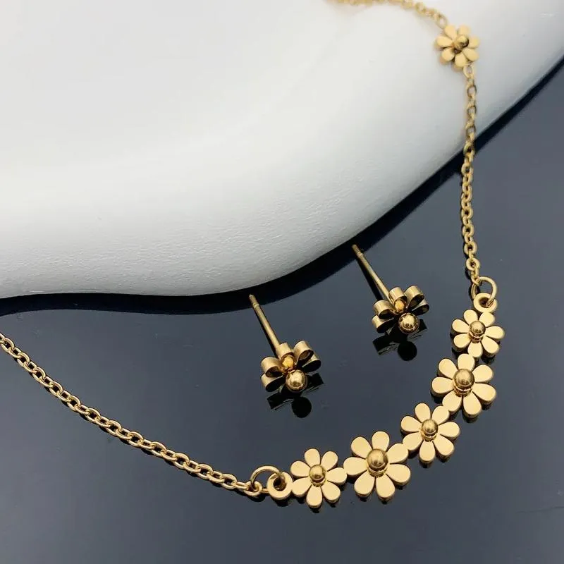 Necklace Earrings Set 3 Piece Ladies Stainless Steel Sunflower Small Daisy Collarbone Chain Christmas Holiday Date Gift