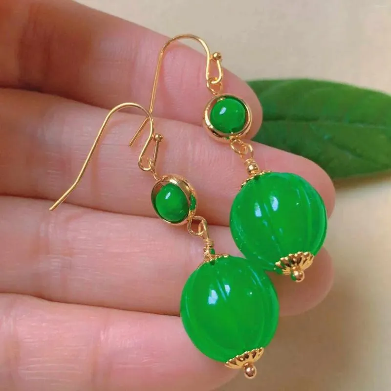 Brincos de balanço de abóbora natural Jade Green Jadeite Eardrop Gold Gold Ear Hook