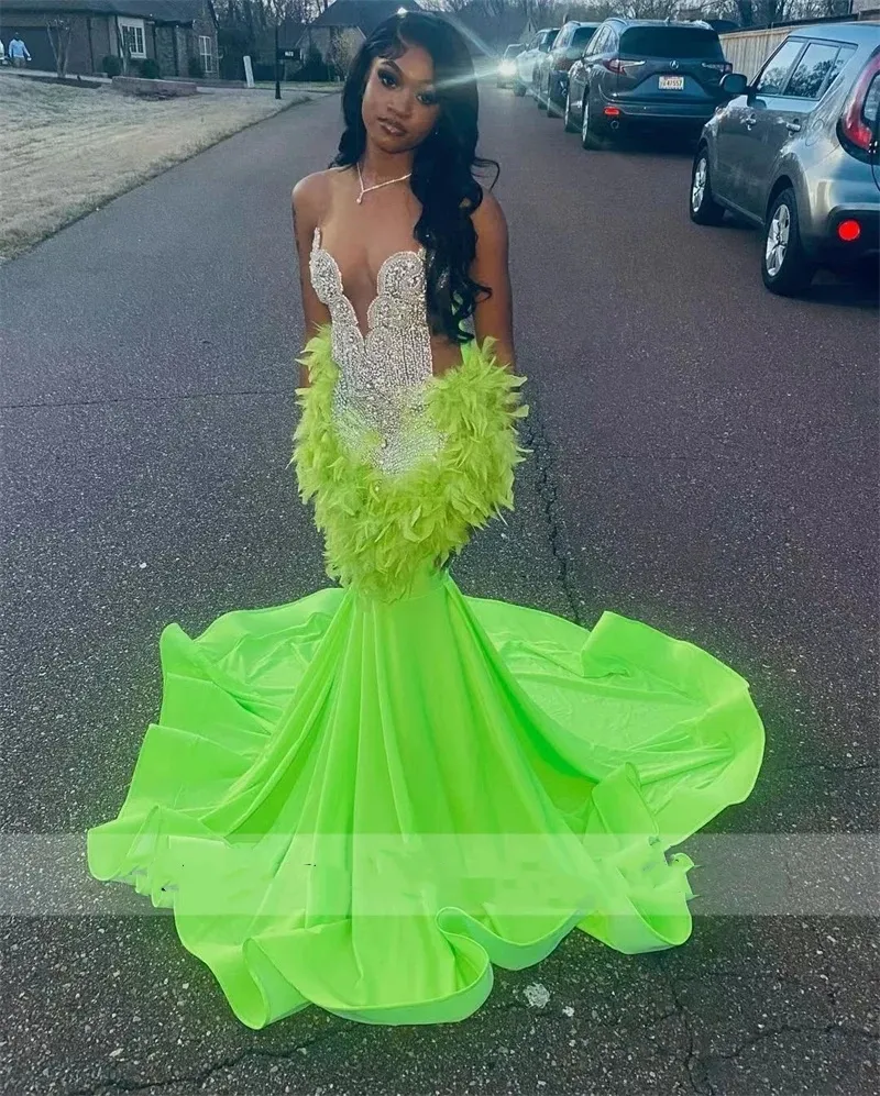Green Satin neon Green prom dress for Black Girls - Sheer Mesh, Glitter Bead, Crystal Rhinestone Feathers - Perfect for Birthdays and Parties in 2024