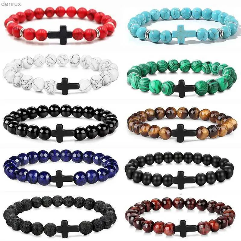 Andere armbanden mannen Natuurlijke steen Kruis Kruisarmband Onyx Meditatie Bracelet Women Yoga Jewelry Homme Pulser Lava Turquoise kralen Braceersl240415