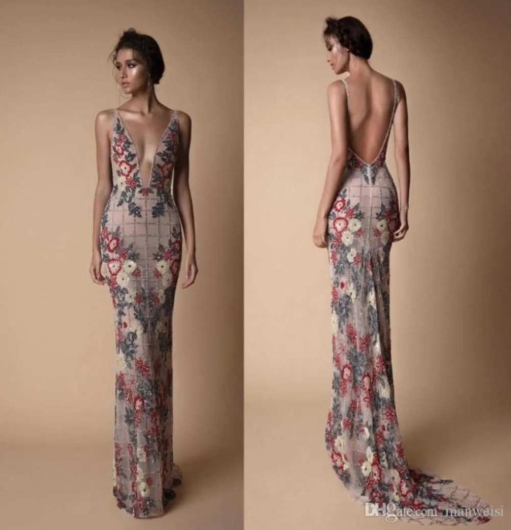 Embroidery Luxury Mermaid Dresses Evening Wear Backless Sheer Plunging Neckline Crystal Evening Gowns 2019 New Arrival Berta Prom 4565041