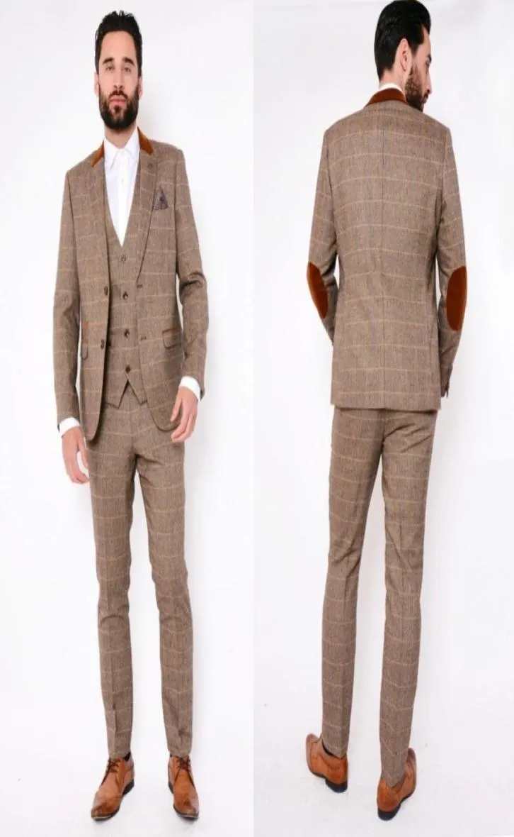 Beaux combinaisons pour hommes sur mesure Fashion Brown Glen Plaid Suisses de mariage de haute qualité Tuxedos de marié chaud pour Manjacketvestpa8715113