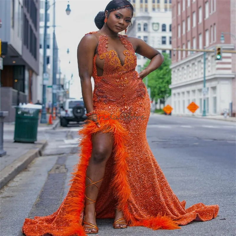 Gorgeous Sequin Orange Prom Dresses With Slit 2024 Plus Size Aso Ebi Mermaid Evening Dress Elegant Black Women Feather Formal Dress Diamond Crystal Ceremony Party