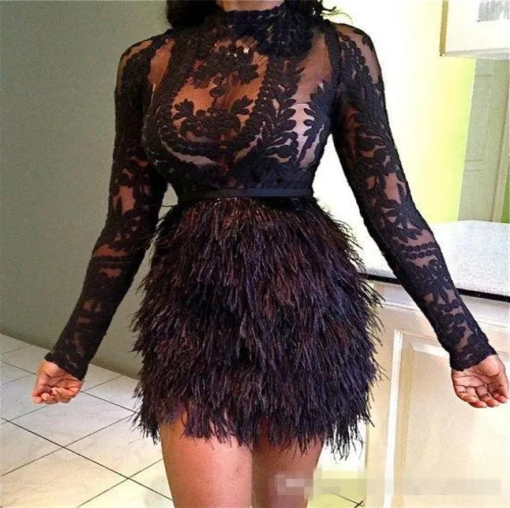 Design Fashion Christmas Feather Cocktail Dressos Black Celebrity Night Vestres Mini Mangas compridas Vestido de baile de festas curtas vestido9246722