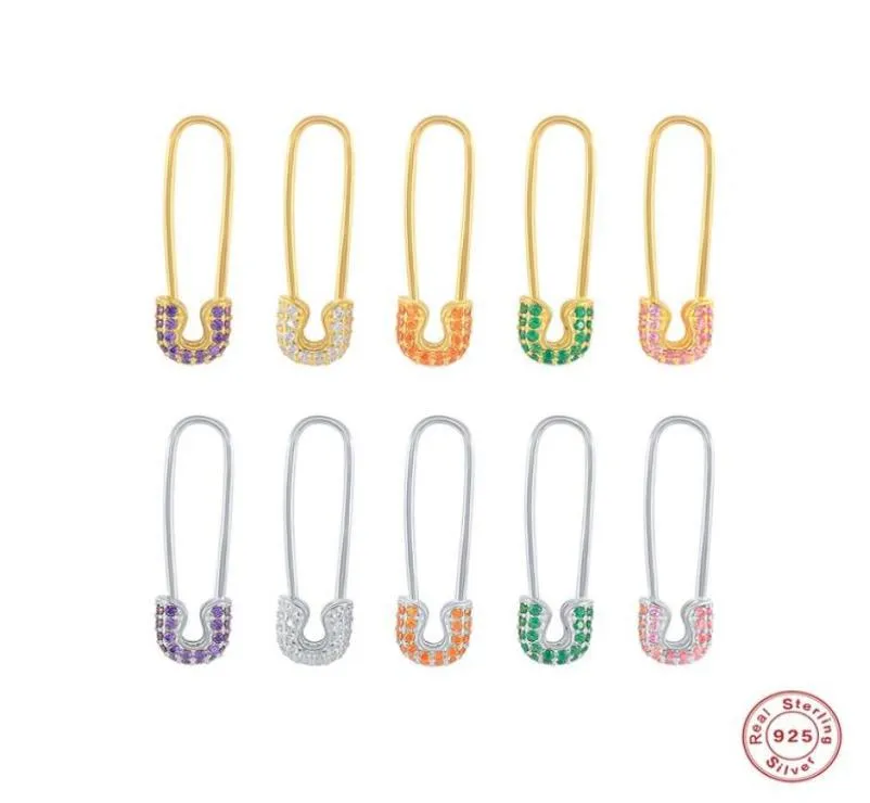 Stud Aide 925 Sterling Silver Colorful Zircon Mosaic Safety Pin Earrings For Women Rainbow Crystal On Ear Studs Fine JewelryStud1186891