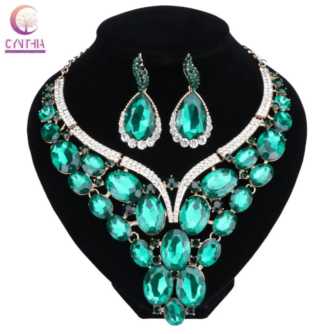 Fashion Jewelry Chunky Gem Crystal Flower Choker Necklace Statement Necklace Earring Party Dress Jewelry Sets 10 Colors9881488