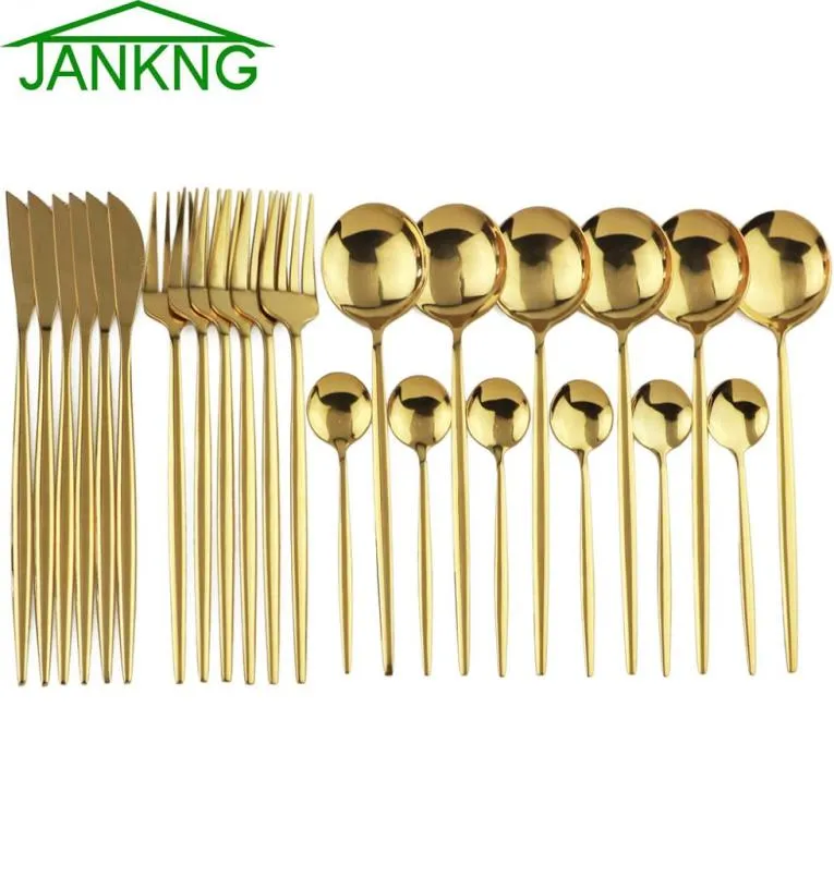 24 st guld servis set spegel cutlery tabeller 304 rostfritt stål plattvaror västerländskt silvervaror kök middag knivsked gaffel2207654