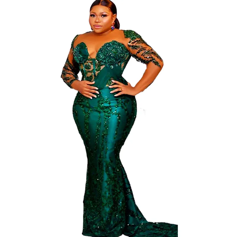 Emerald Green Mermaid Green Sequin Formal Dress with Sequins and Beading, Long Sleeves, and Glitter Detailing - Perfect for Prom, Formal Wear, Mother
