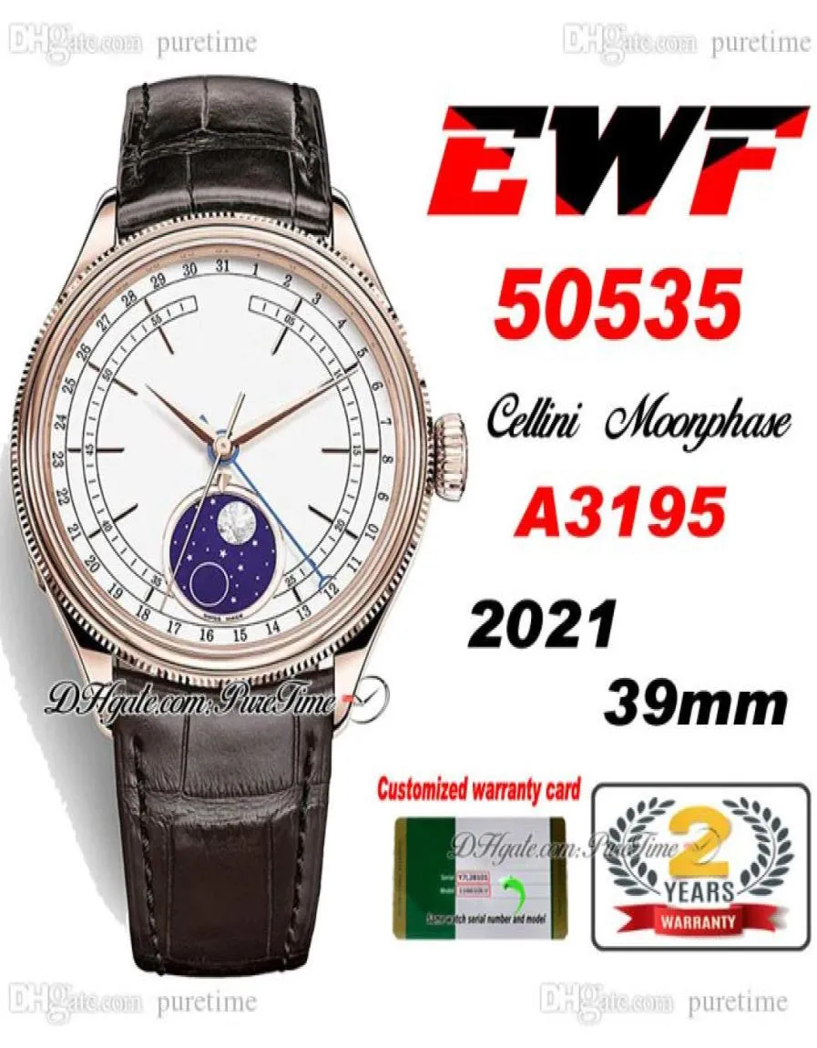 EWF Cellini Moonphase 50535 A3195 Automatische heren Watch 39 mm Rose Gold White Dial Real Meteorite Brown Leather Super Edition Same S9360329