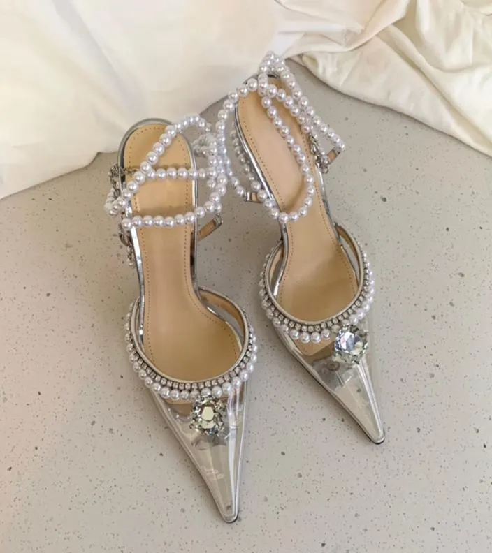 Mach Pearl Sandalen Topkwaliteit Hoge hakken Luxe designer Transparante PVC Dames Dress Shoes Ovski Decoratieve gesp buckle Heels Dinner6797535
