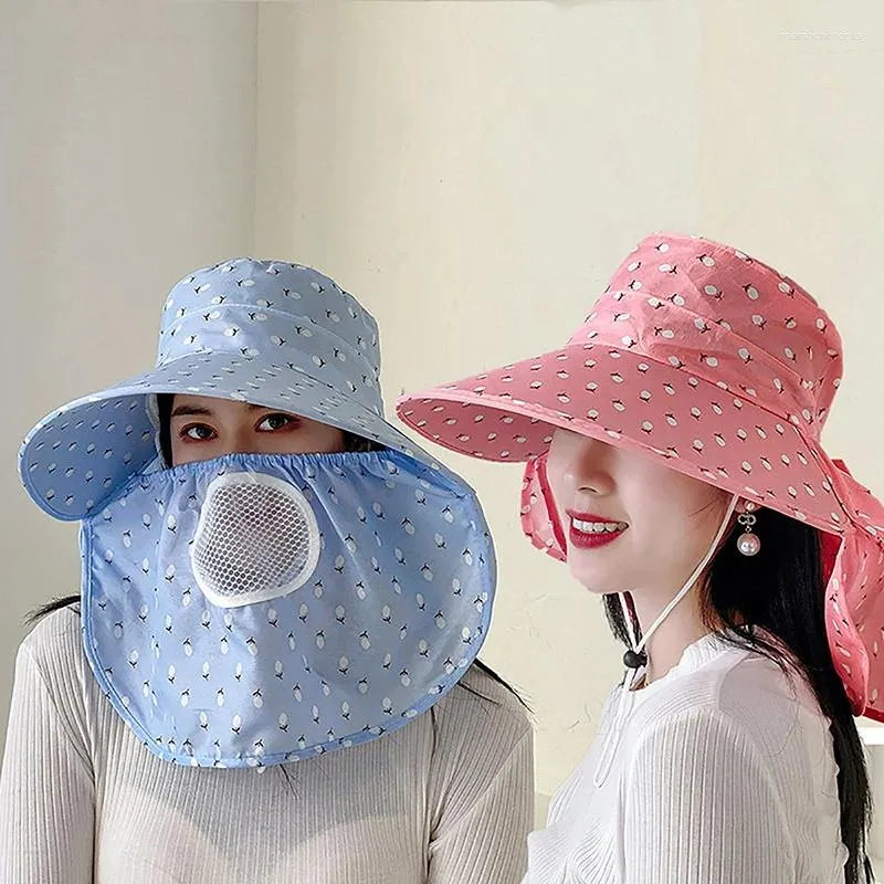 Brede rand hoeden vrouwen zomerzon vissershoed met mesh ademende masker outdoor werknemer anti-uv vol gezicht deksel zonnebrandcrème zonneschade fietsen