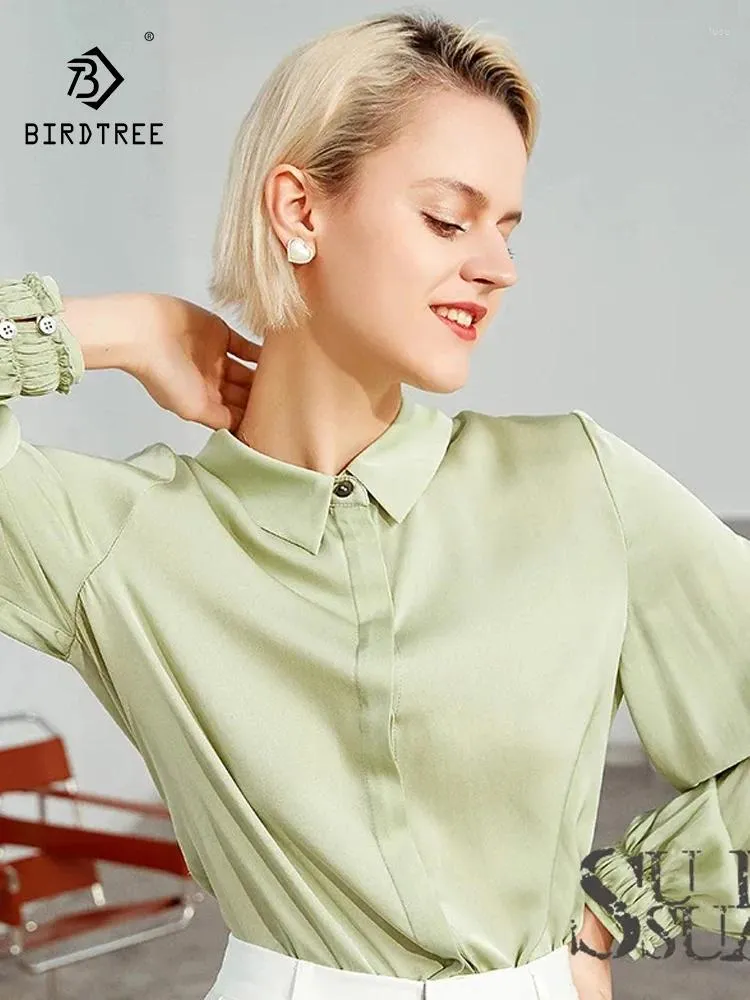 Women's Blouses Birdtree 2024 Spring/Summer Real Silk Elegant Solid Shirt Long Sleeve Professional OL Slim Fit Tops T3D647QC