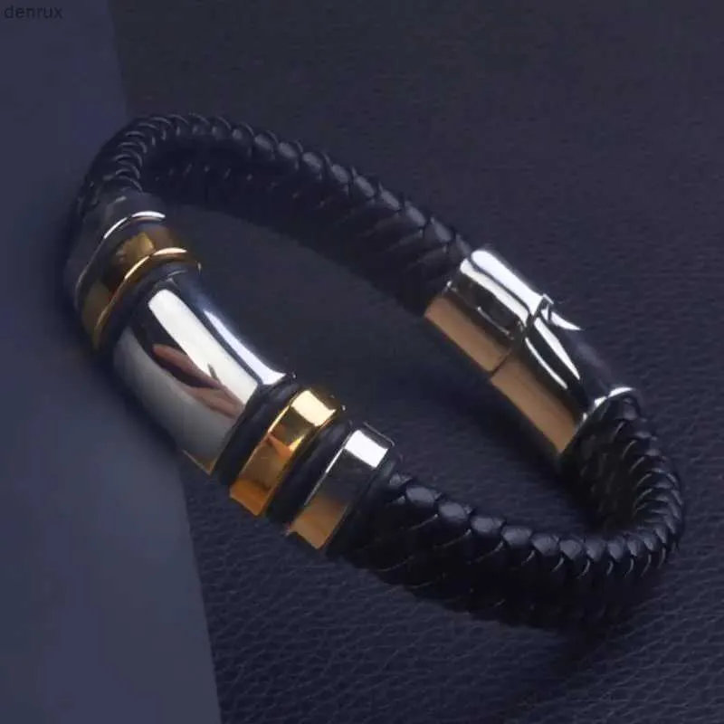 Andra armband klassiska svart läderfolor armband för män metall magnetisk lås mode armband male födelsedag presentl240415