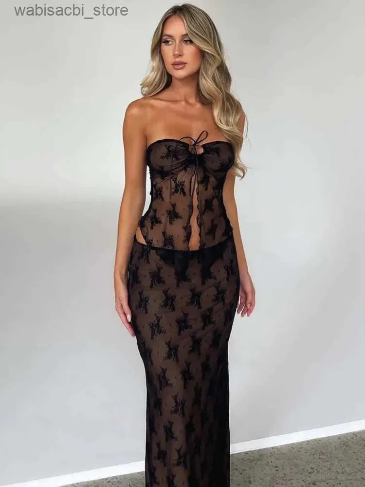 Sexy Skirt Mozision Lace Print Y Dress Set Women Broolless Crop Top and Long Skirt Matching مجموعات مطابقة للإناث Night Club Party اثنين من قطعة L49