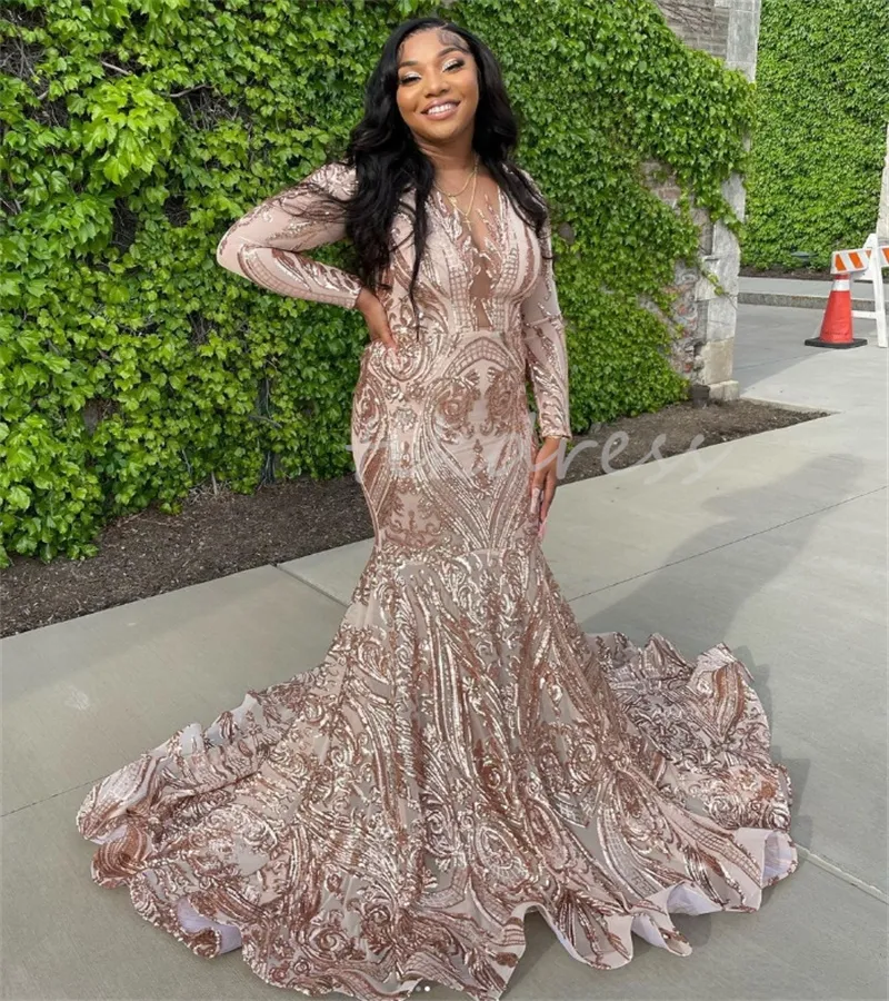 Rose Gold Sequin Prom Dresses Plus Size O Neck Long Sleeve Mermaid Evening Gowns Black Women Formal Occasion Party Dress Birthday Aso Ebi Vestidos De Noite Abiye 2024