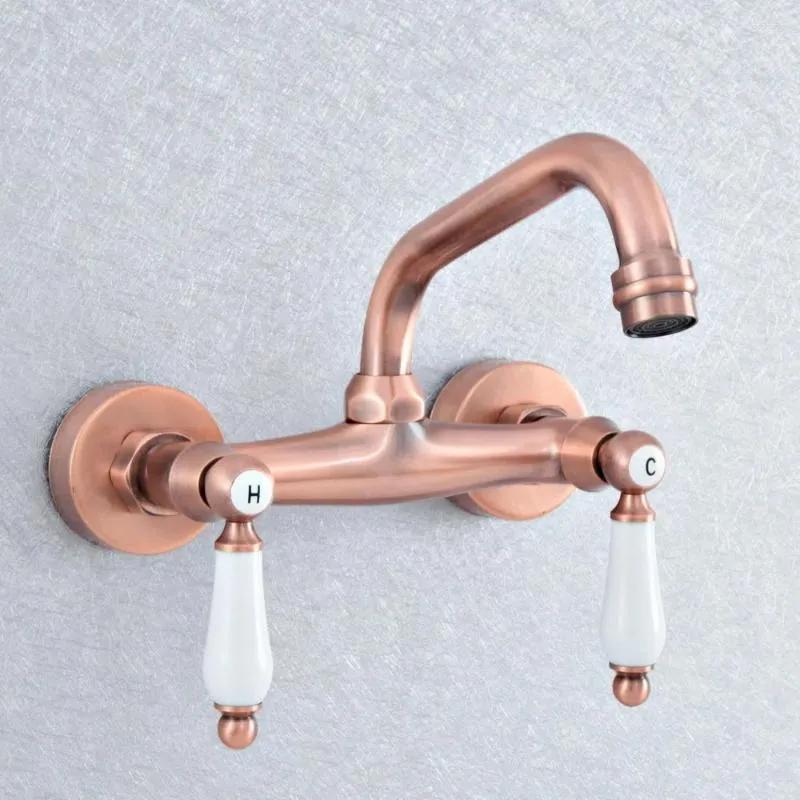 Kitchen Faucets Antique Red Copper Washbasin Faucet Wall Mounted Sink Swivel Spout Bathroom Basin Cold Water Taps Dsf900