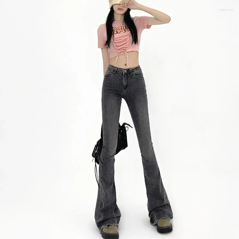 Jeans femininos Slim Fit Caist Micro Flare calça elástica versátil apertada borda esfarrapada