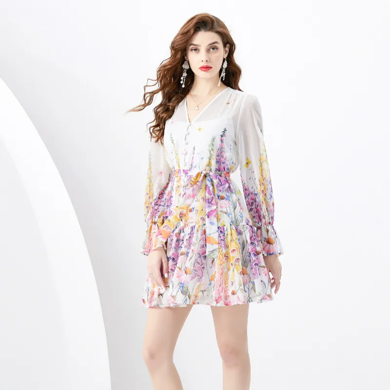 Designer Women Witte bloemen Korte V-Neck afdrukken Knop Down Mini Flowy Dresses Shirt Ladies Lange Mouw A-Line Resort Beach Casual Party Tail Clothing 2024