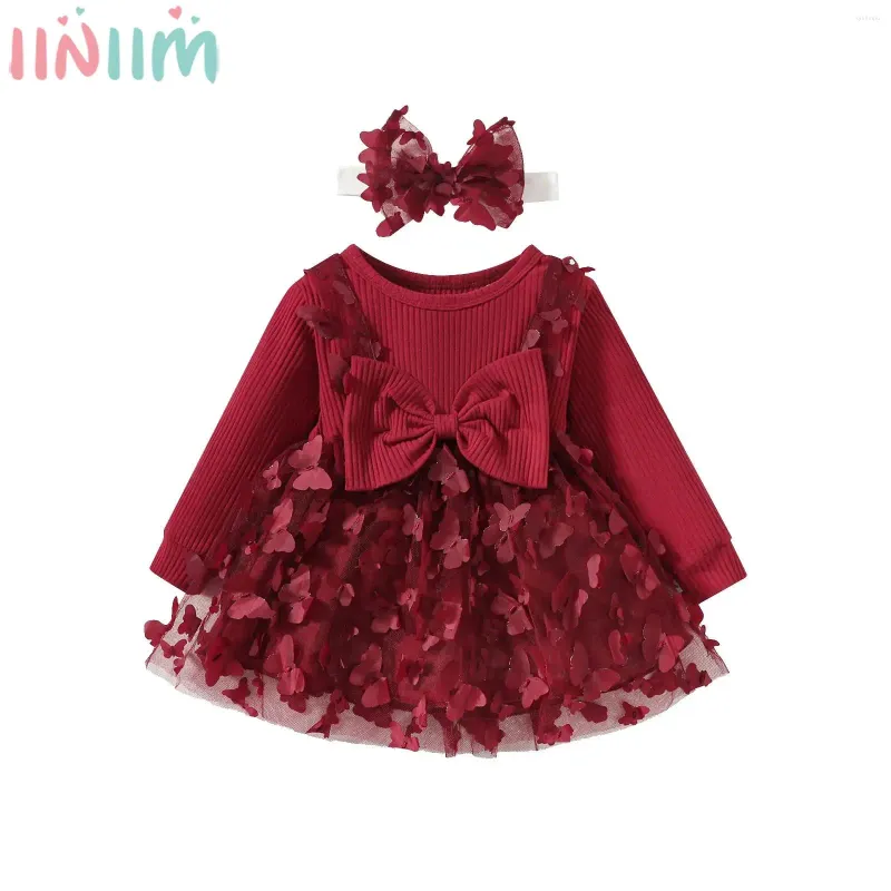 Girl Dresses Baby Girls Cute Bowknot Party Dress Long Sleeve Soft Cotton Mesh Tulle Tutu With Headband For Valentine's Day Birthday Wedding