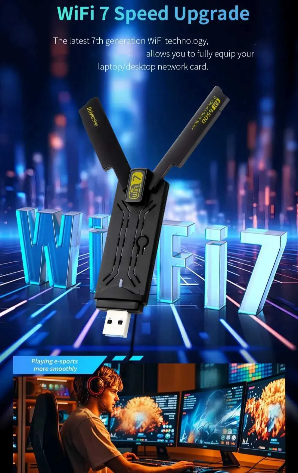 Adattatore USB WiFi 7 BE6500 – Joskeijky, 6500Mbps, Tri-band 2.4/5.8/6GHz, Per Win 10/11