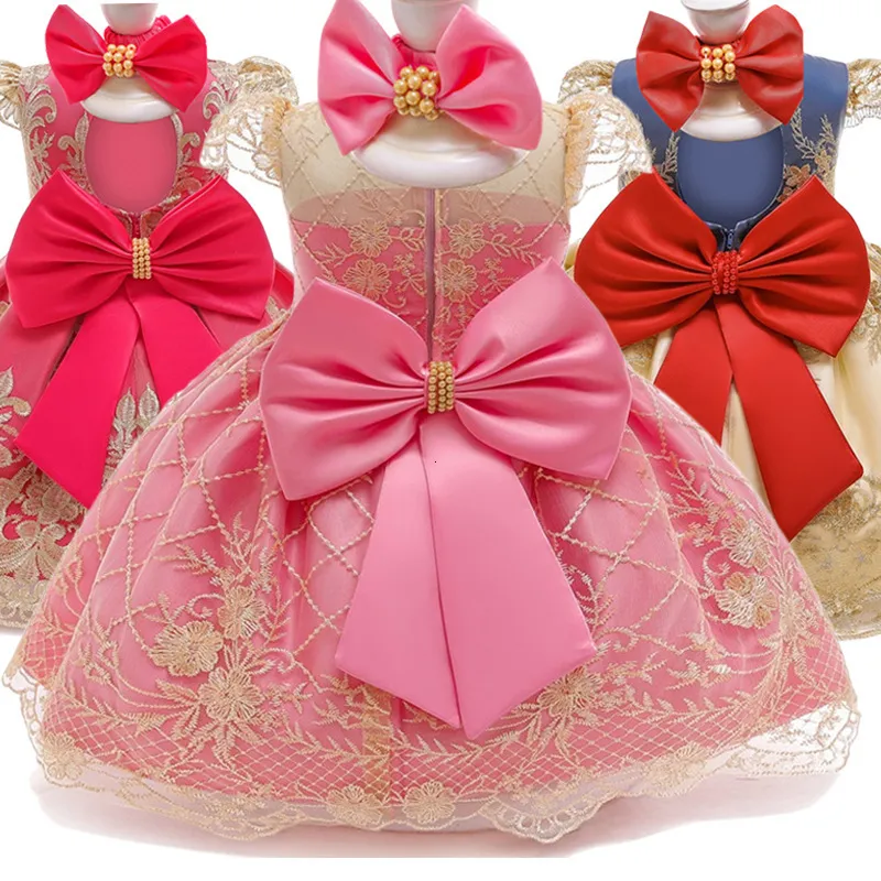 Baby Dress Big Bow Lace Wedding Dress Princess Dress Baby One Year Old Wash Dress Hair Belt 230801