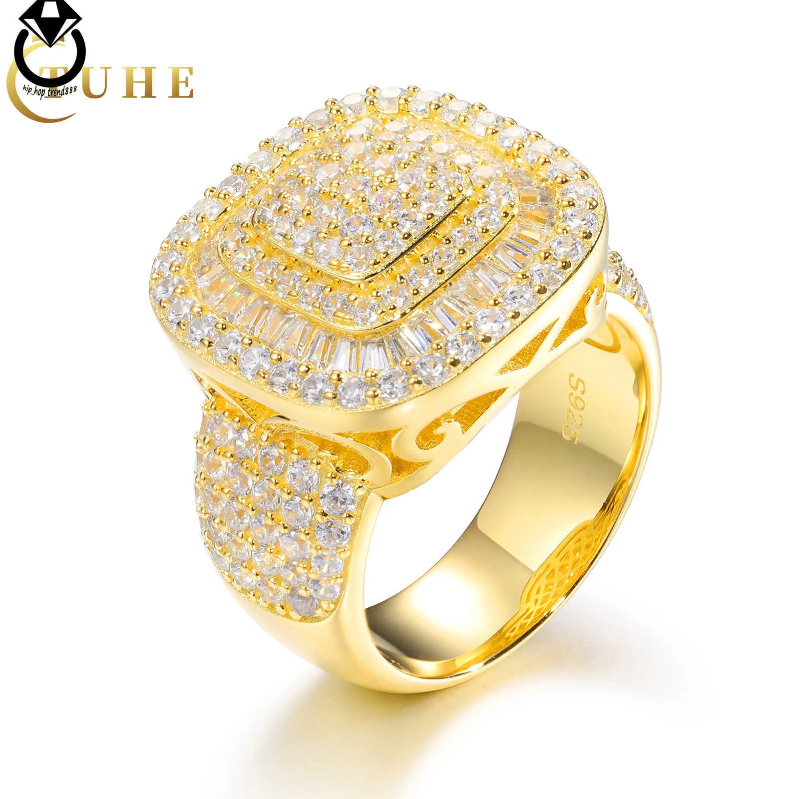 Luksusowy biżuteria hip -hopowa 18K Gold Splated 925 Strerel Srebrny VVS Moissanite Diamond Out Hip Hop Geometryczny pierścień dla mężczyzn