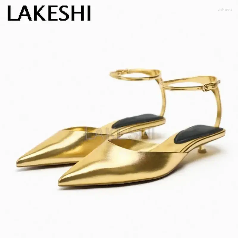 Kleiderschuhe Lakeshi sexy Gold Heels Frauen speicherte Zehenkätzchen Tanzparty Hochzeitspumpen Lady Knöchelgurt niedrige Sandalen weiß