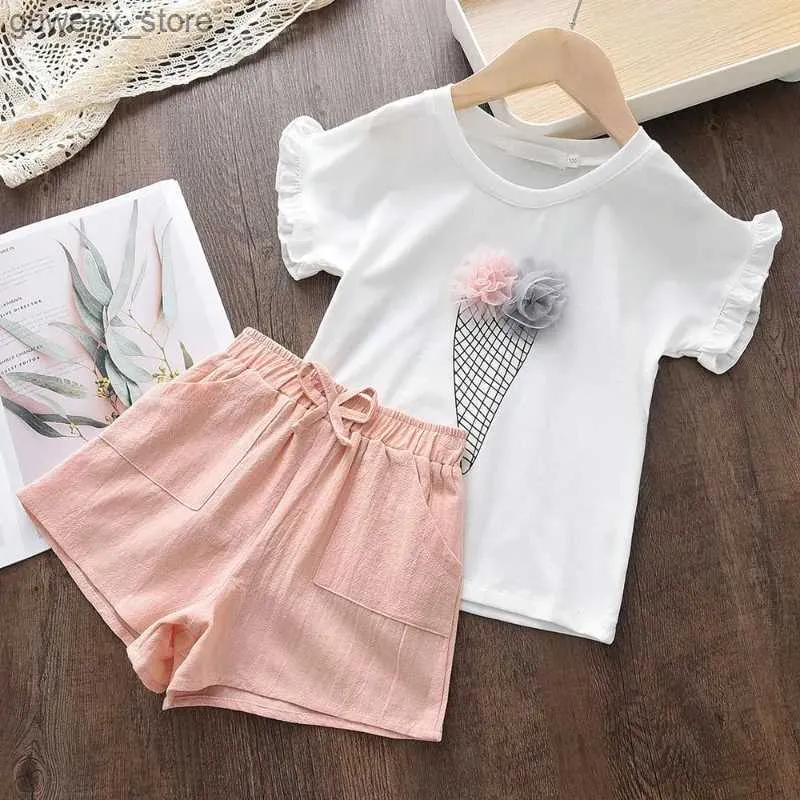 Set di abbigliamento per bambini set di abbigliamento da abbigliamento estivo corto tshirt a due pezzi Ice set di bambini abiti da ragazza abiti rotondi con abiti y240415