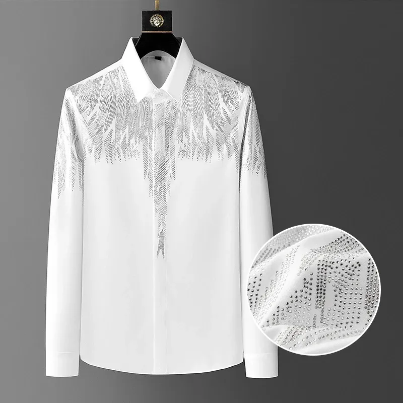 European Luxury Hot Diamond Shirt Spring Black White Slim Fit Long Sleeved Shirt For Men Social Club Outfits Shirt Streetwear