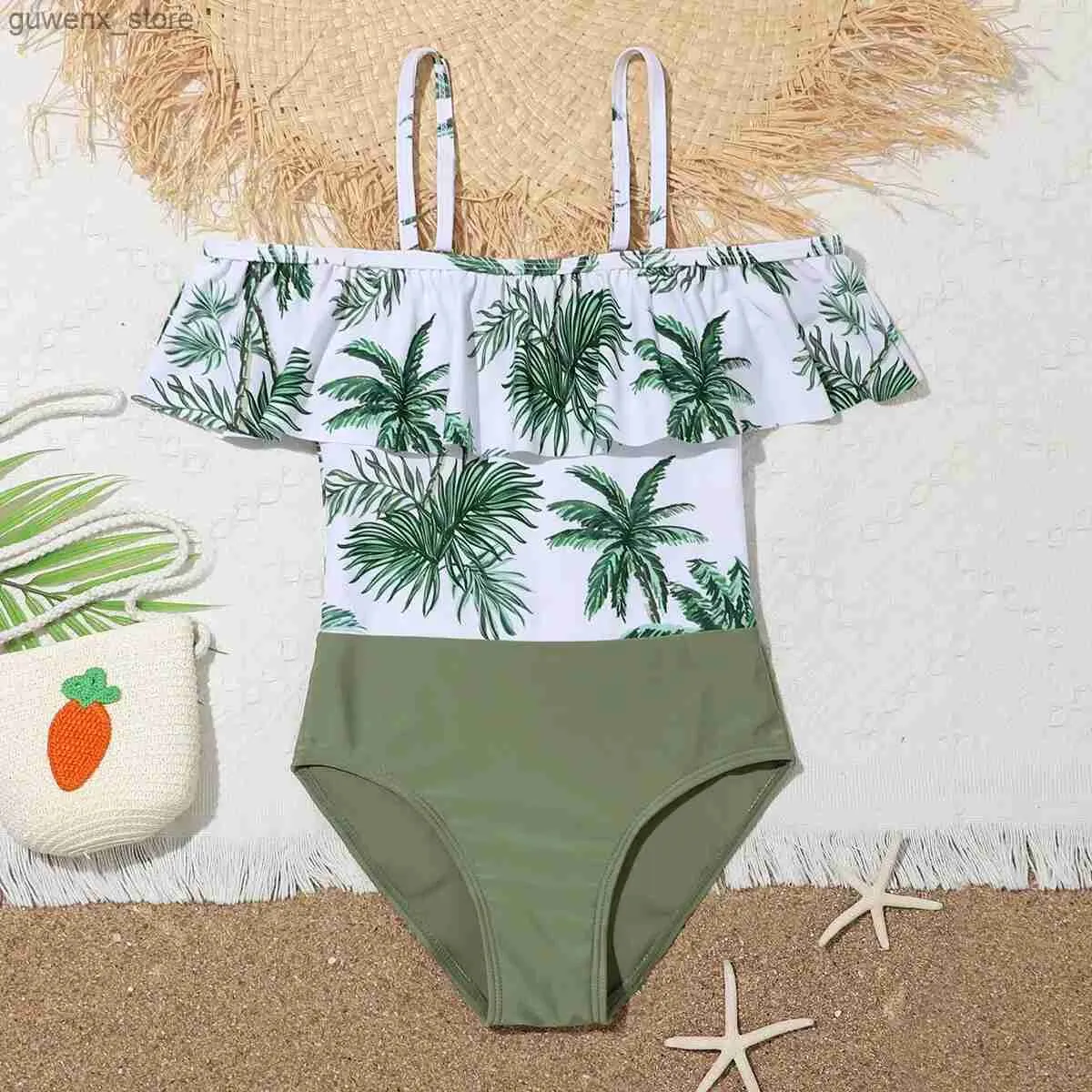 Één-stuks kokosnoot palmprint meisjes één stuk zwempak voor kinderen badkleding off schouder ruche kinderen strandkleding tieners baden zwempak y240412