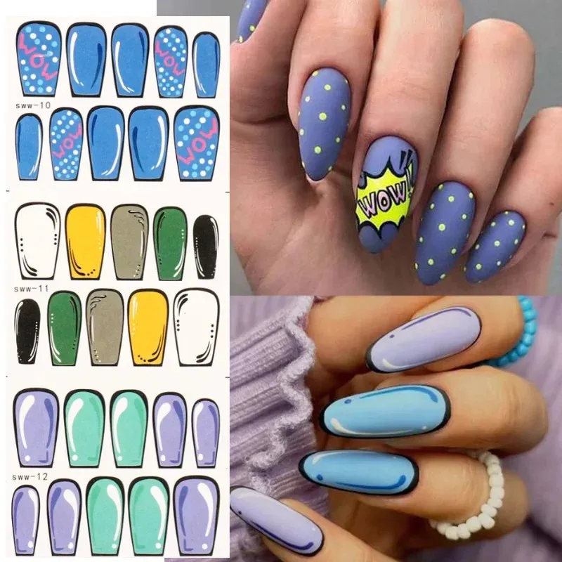 2024 Comic Nails Design Pop Art Inspiration Slider pour décoration de l'ongle Cœur de feu simple Sticker Sticker Water Cartoon Manucure Set Nail