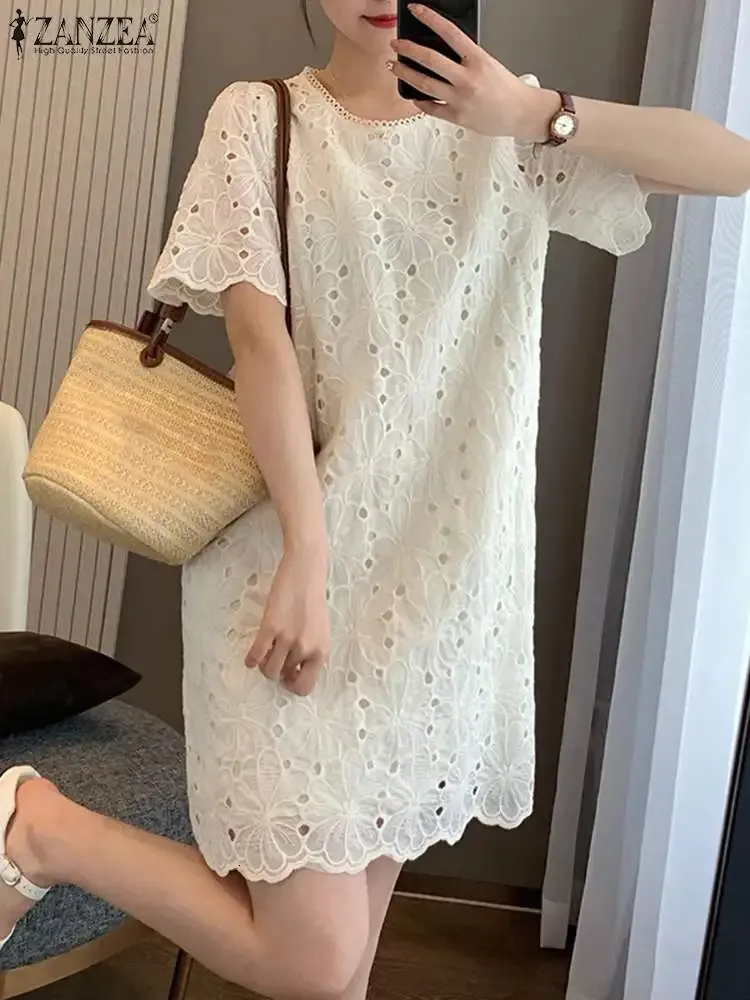 ザンゼア女性ミニサンドレスビンテージレース刺繍白いドレス夏のホリデーラウンドネックベスティド半袖レディーローブ240415