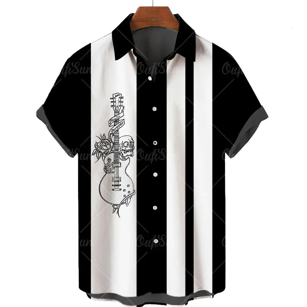 Summer Guitar Style Striped 3D Print Mens Hawaiian Beach Shirt Loose Cash Short Sleeve Big 5xl Top 240415