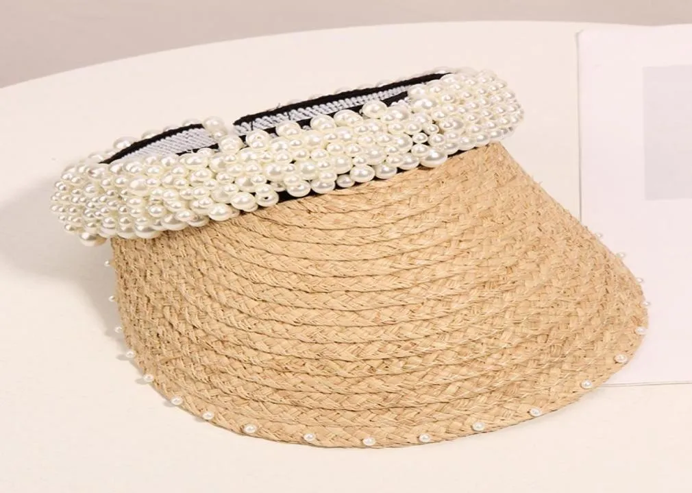 2019 Brand Pearl Bead Baschetto Cappello da donna Raffia Visor Caspetti per ragazze Cappelli da spiaggia Cappucce Ladie Summer Sunw Sun Hat3407607