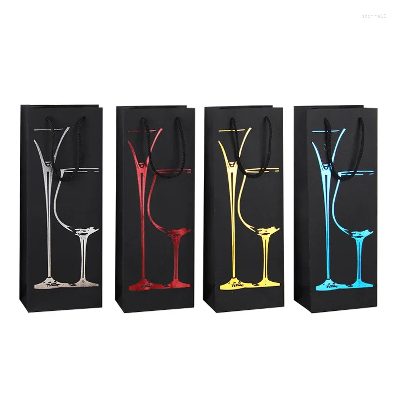 Gift Wrap Bags 12pcs Black Paper Single Wine Blue Golden Red Silver -stamping Champagne Drink Juice Carrier Holder