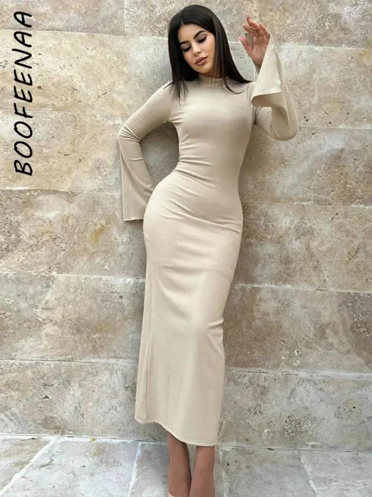 Повседневные платья Boofeenaa Ribbed-Tognit Bodycon Платье осень зима мода Черная мамка.