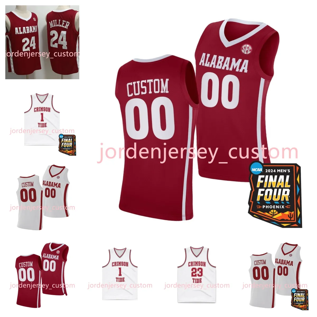 2024 Finale vier nieuwe Alabama Basketball Jerseys Crimson Tide 3 Rylan Griffen 2 Grant Nelson 1 Mark Sears 15 Jarin Stevenson 23 Nick Pringle 55 Aaron Estrada Sam Walters