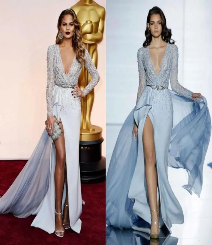 Zuhair Murad 2019 podzielone sukienki wieczorne z długim rękawem, zanurzający dekolt z boku ozdobionego koralika Chrissy Teigen Prom Celebrity8919339